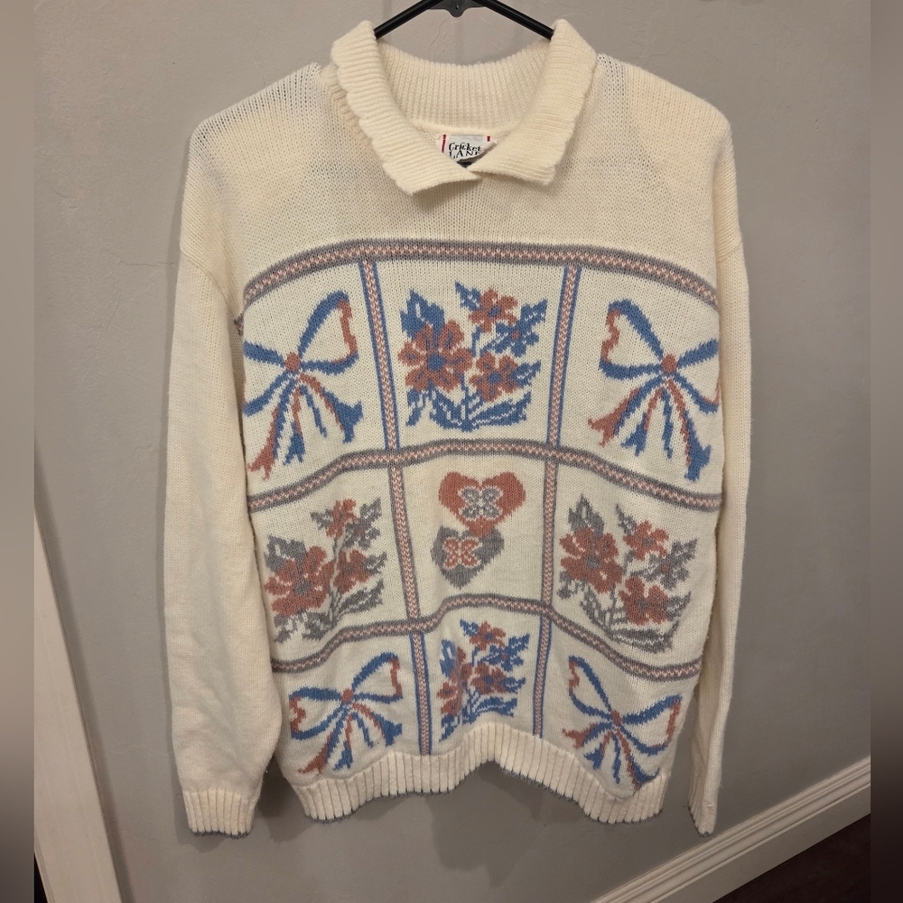 Vintage 90s Cottagecore Flower Knit Collared Sweater USA